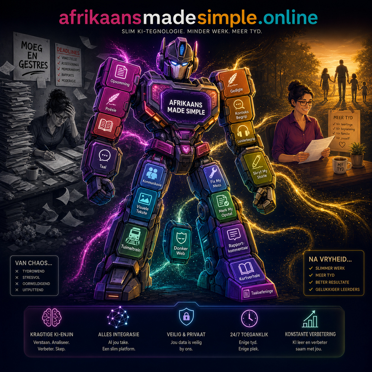 Afrikaans Made Simple — 'n KI-robot saamgestel uit al die modules (Opsomming, Poësie, Taal, Kommunikasie, Visuele Tekste, Tuimeltrein, Donker Web, Gedigte, Konteks Begrip, Luisterbegrip, Skryf My Storie, Fix My Mess, Merk My Opstel, Rapportkommentaar, Kortverhale, Taaloefeninge), van 'n gestresde onderwyser omring deur vraestelle tot 'n onderwyser met meer tyd vir haar gesin